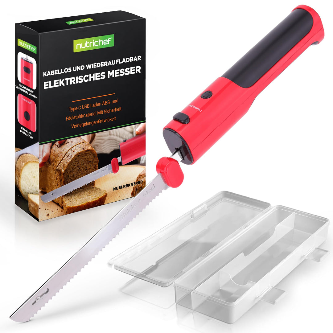 NutriChef Elektrisches Küchenmesser – Akku-Messer mit Edelstahlklingen, USB-C, Rot Für Truthahn, Fle