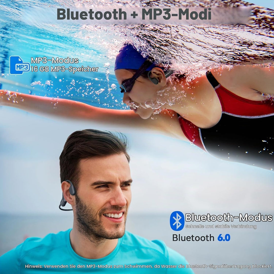MONODEAL Knochenschall Kopfhörer Schwimmen Bluetooth 6.0 IPX8 Unterwasser 16G MP3 Open-Ear Bone Cond