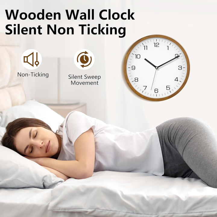 Foxtop Wanduhr Holz Ohne Tickgeräusche 30 cm Grosse Lautlos Wanduhr leicht zu lesen Rund Holzuhr für