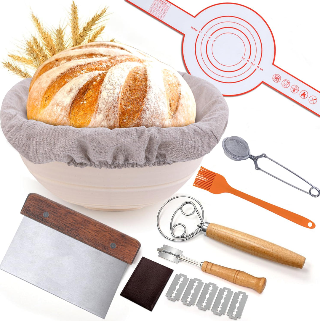 Brot Gärkorb Set, 23cm Rund Brotkörbchen, Sauerteig-Gärkorb inkl. Teigschaber, Leineneinsatz, Teigrü