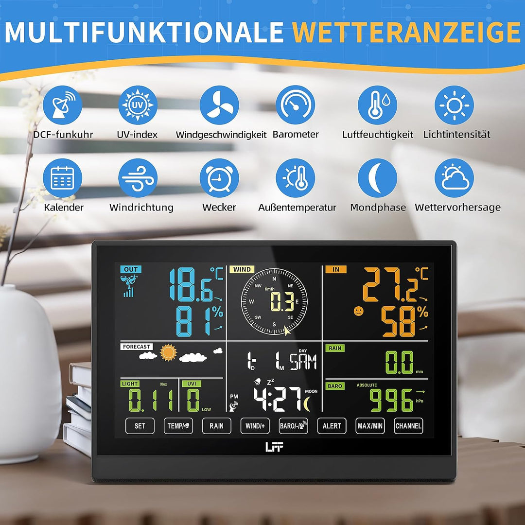 LFF 7-In-1 Wetterstation Funk mit Aussensensor, 7,5-Zoll-Display Funkwetterstation mit DCF-Funkuhr,