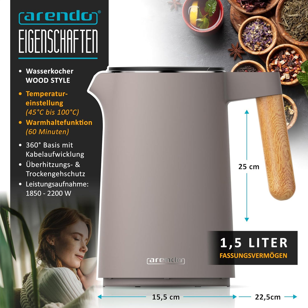 Arendo - Wasserkocher Edelstahl mit Temperatureinstellung - 45°C-100°C - 1.5 Liter - Doppelwand - BP