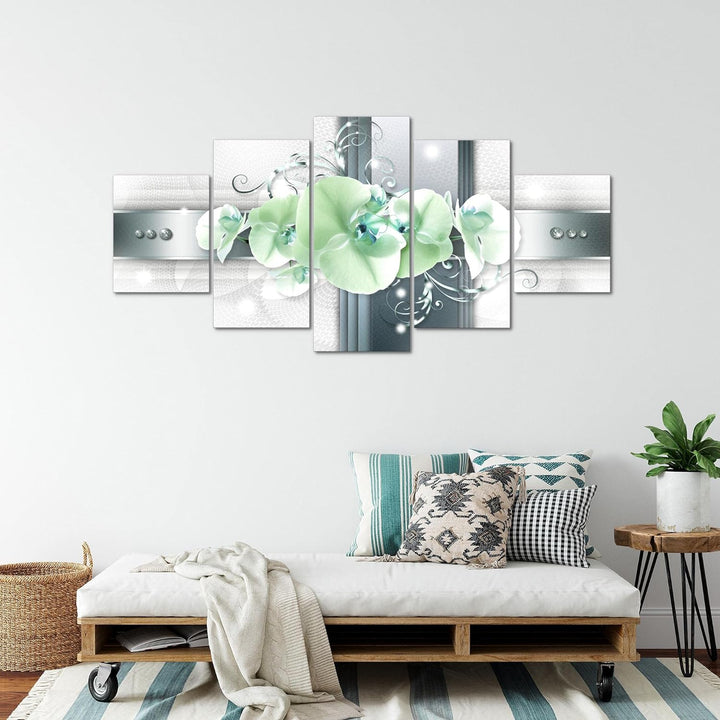 Runa Art - Bilder Blumen Orchidee 200 x 100 cm 5 Teilig XXL Wanddekoration Design Grau Türkis 008351