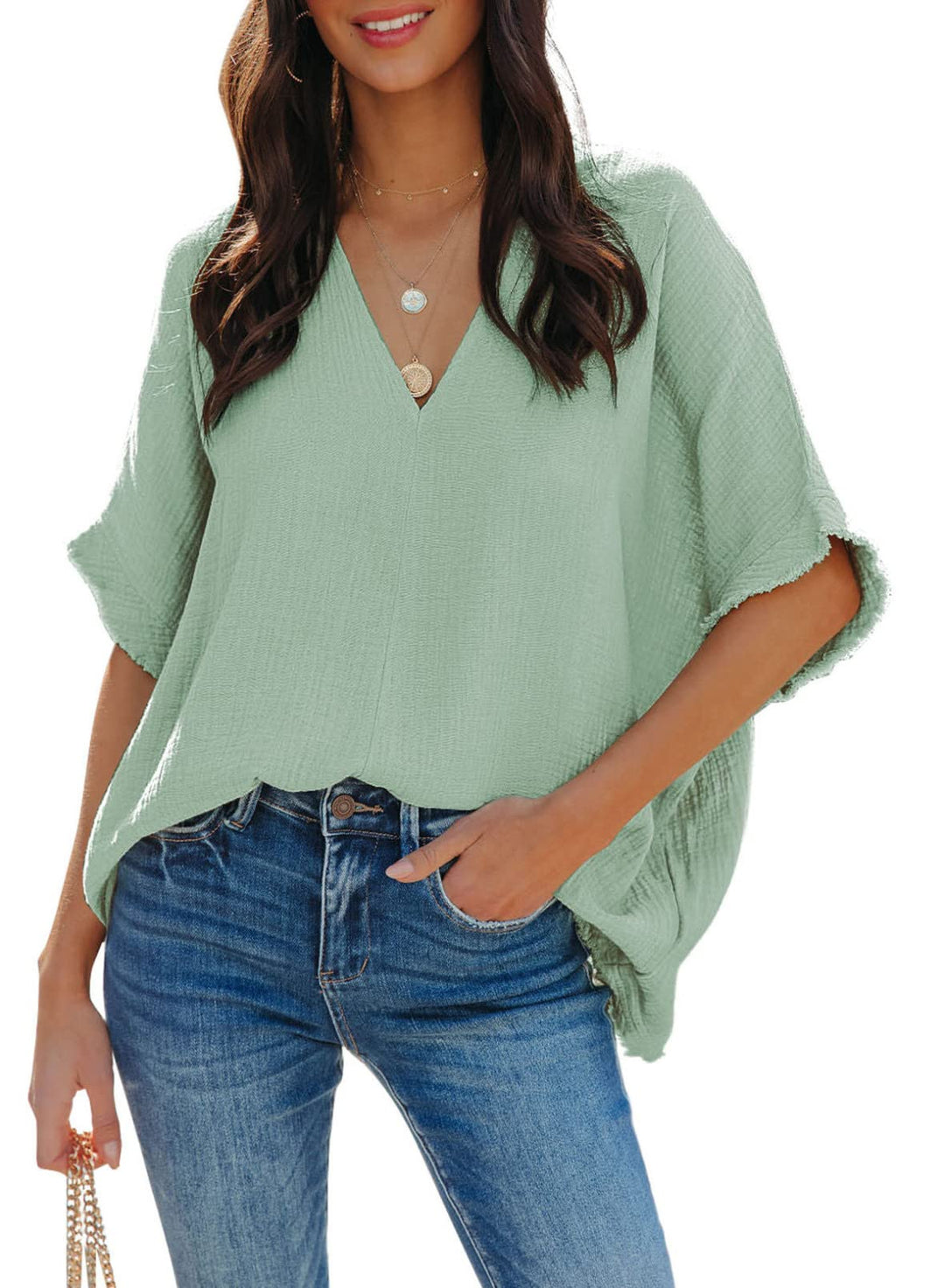 Dokotoo Damen Bluse V-Ausschnitt Musselin Tunika Shirt Oberteil Sommer Kurzarm Locker Longshirt Tops