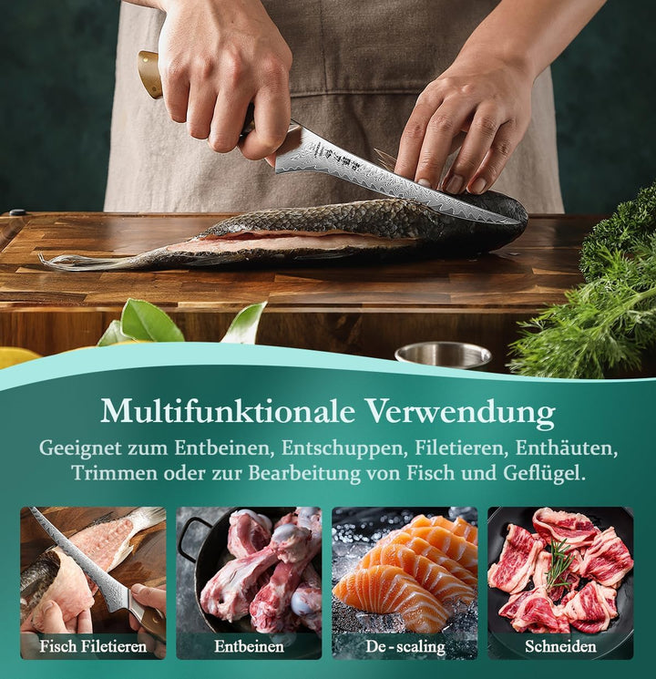 HEZHEN Damaststahl Filetiermesser, Professionelles Fischmesser, Damast Ausbeinmesser Profi, Full Tan
