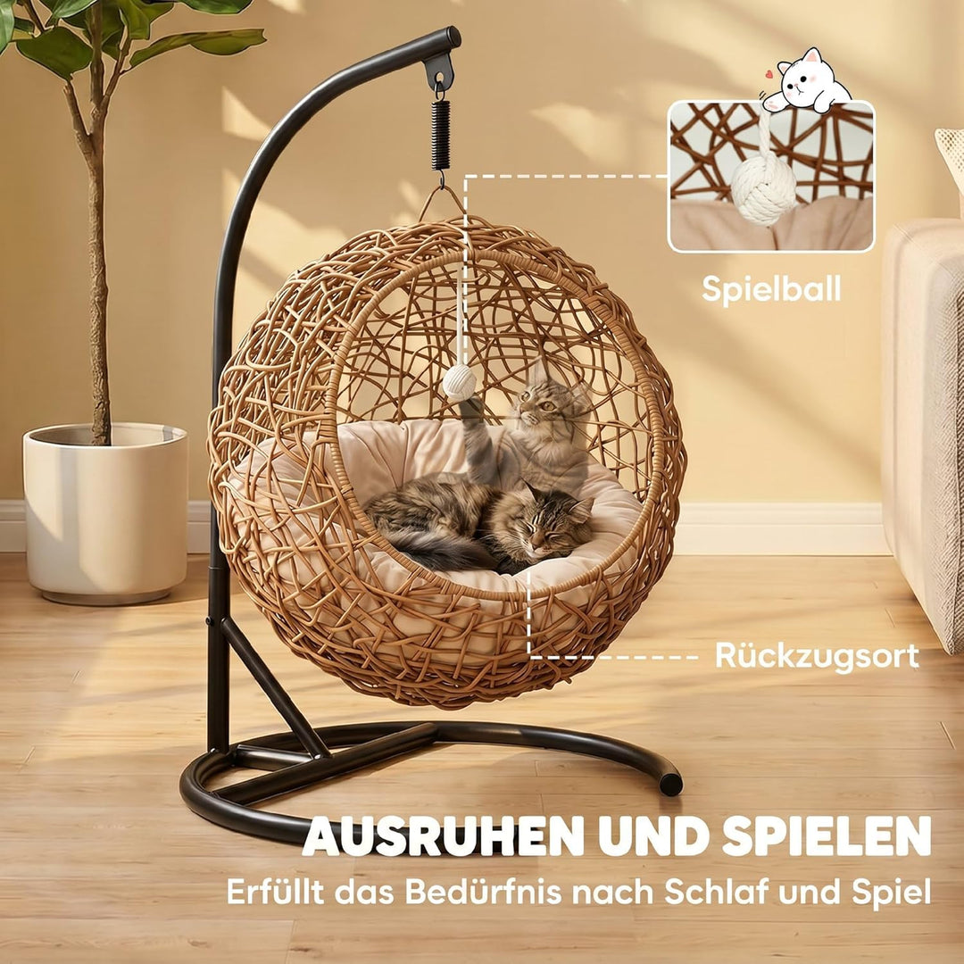 PawHut Katzenschaukel Rattan Hängesessel für Katzen mit Waschbarem Kissen und Spielball, hängendes K