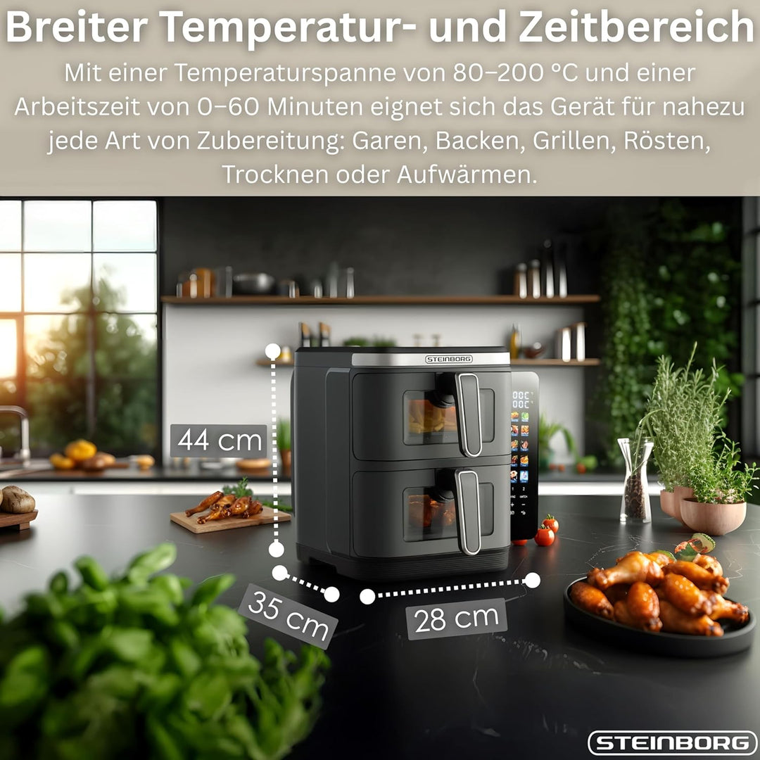 Steinborg® Heissluftfritteuse Doppelkammer 11 Liter Heissluft-Frittieren Heissluftfritteuse 2 vertik