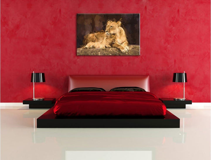 Pixxprint Löwe kuschelt mit seinem Löwenjungen Kunst Pinsel Effekt, Format: 100x70 auf Leinwand, XXL