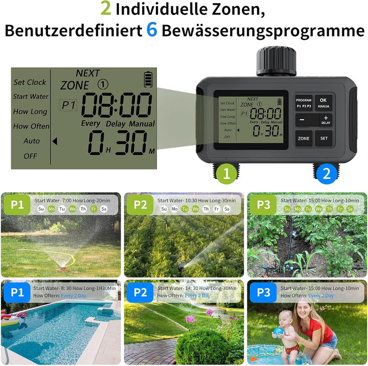 Bewässerungscomputer 2 Ausgänge, Smarte Bewässerungsautomat 3/4 Zoll Anschluss, Bis zu 6 Bewässerung