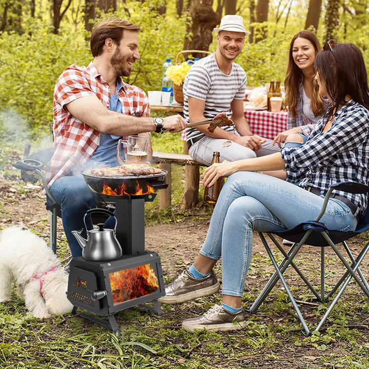 FANTASK tragbarer Holzofen, Raketenofen Outdoor inkl. 2 Kochflächen mit Sichtscheibe und Aschepfanne
