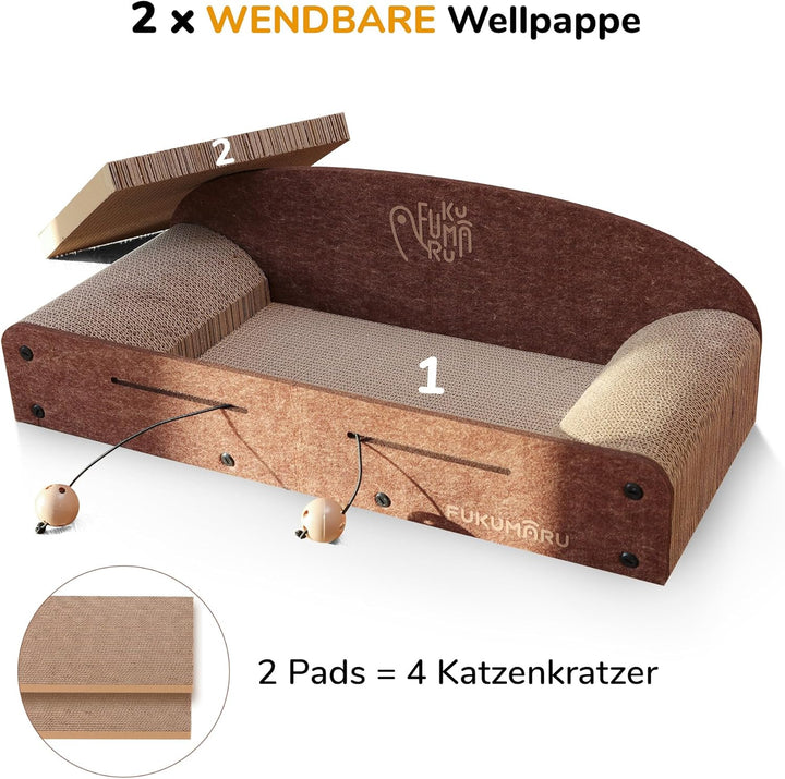 FUKUMARU Kratzbrett Katzen, 66CM langlebiges Kratzpappe und Filz, grosse Liege, 2 wendbare Katzenkra