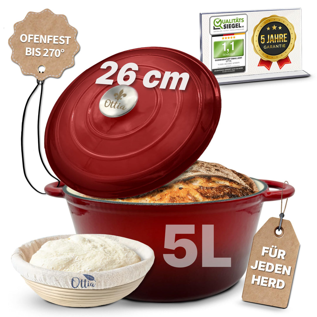 Ottia Gusseisen Topf brot backen [inkl. Gärkorb] - Emaille Topf 26cm - Dutch Oven, Brotbackform, Bro