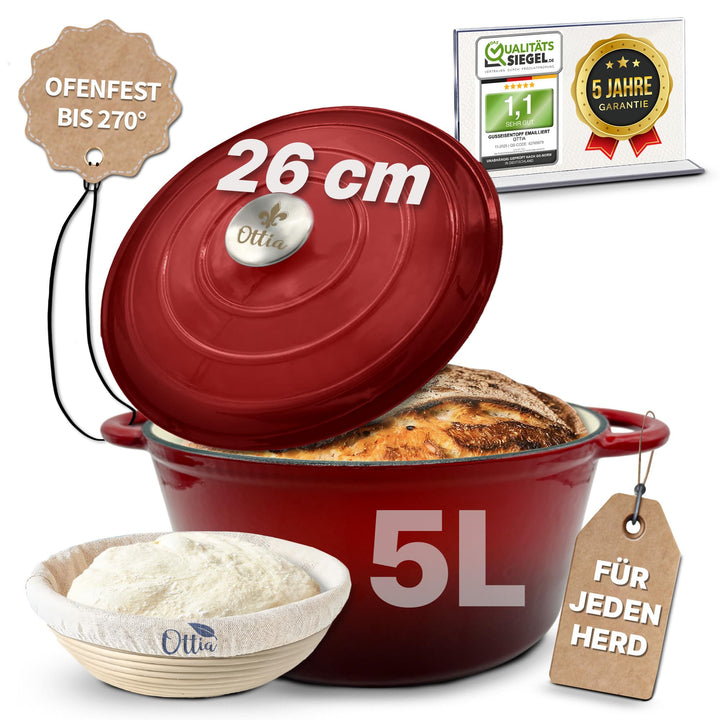 Ottia Gusseisen Topf brot backen [inkl. Gärkorb] - Emaille Topf 26cm - Dutch Oven, Brotbackform, Bro