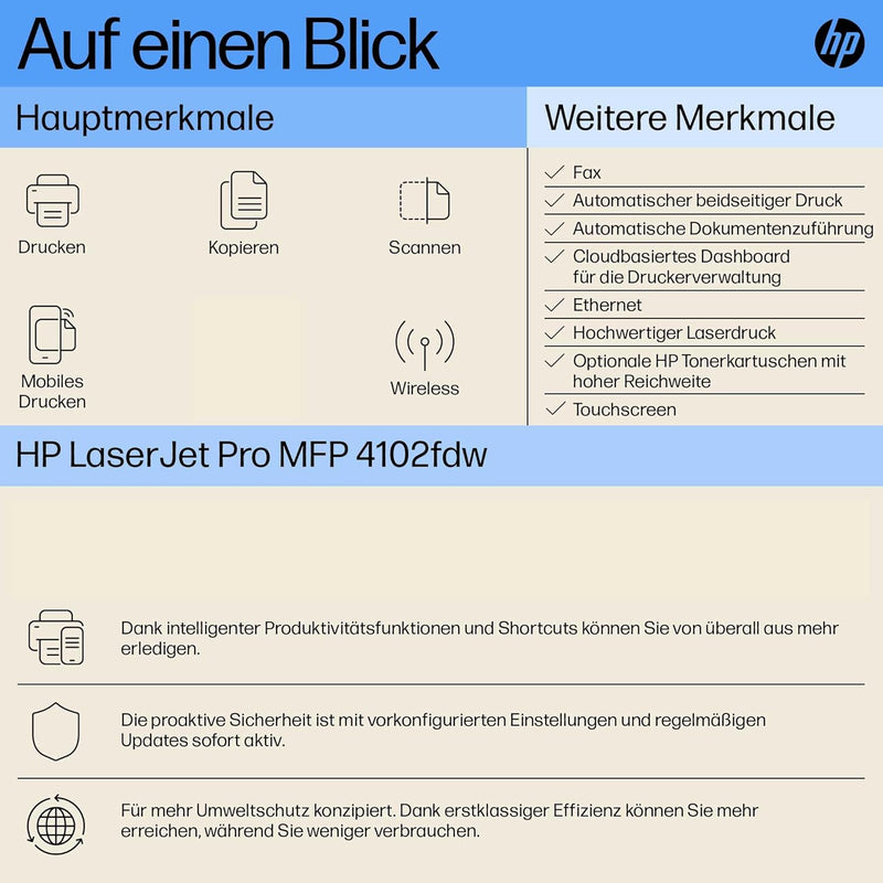 HP LaserJet Pro MFP 4102fdw Multifunktions-Laserdrucker, WLAN, Fax, Automatischer beidseitiger Druck