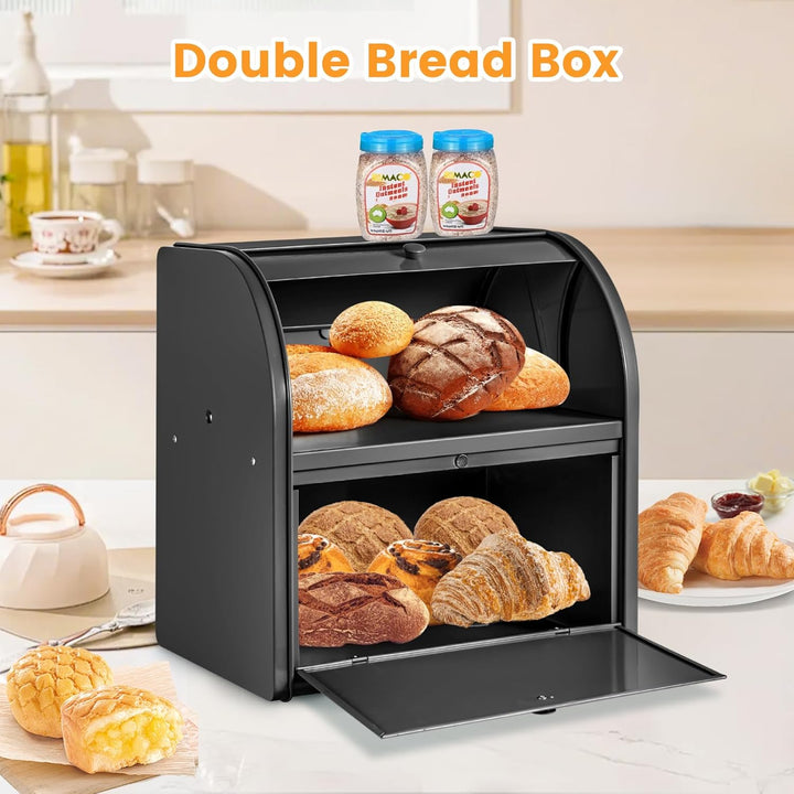 Brotbox aus Metall für Küchenarbeitsplatte, Doppelschicht, Roll-Top-Brotaufbewahrungsbehälter, Leben