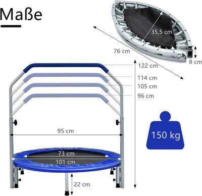 GYMAX Ø101 cm Mini Trampolin klappbar, Fitness Trampolin mit 4-stufig verstellbarem Haltegriff, Gart