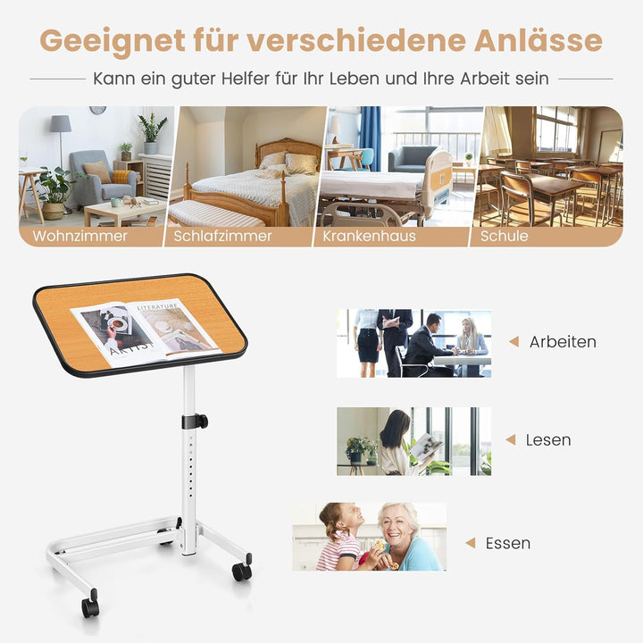 COSTWAY Betttisch auf Rollen, höhenverstellbarer Pflegetisch mit in Mehreren Winkeln neigbarer Platt