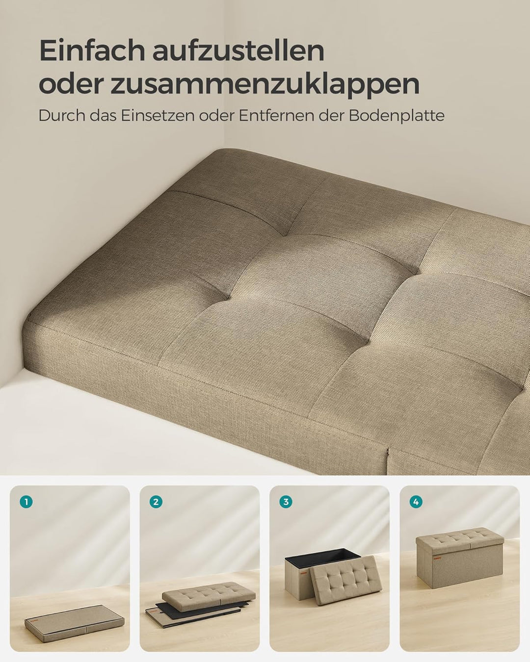 SONGMICS Sitzbank mit Stauraum, klappbare Sitztruhe, Aufbewahrungsbox, 38 x 76 x 38 cm, Deckel klapp