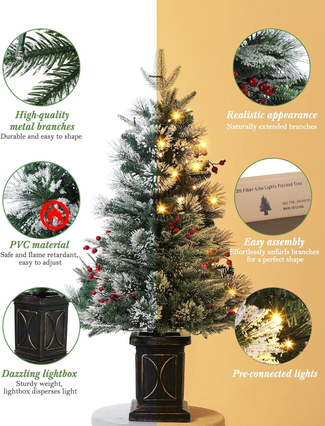 2PCS Weihnachtsbaum Künstlich 90 cm mit 78 Beleuchtung, Snow Flocked Künstlicher Weihnachtsbaum Batt