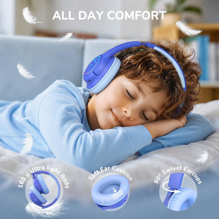iClever Bluetooth Kopfhörer Kinder mit LED-Leuchten, 74/85dBA Lautstärkebegrenzung, 43 Stunden Spiel