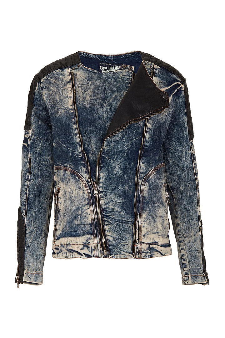 Cipo & Baxx Herren Jeans Jacke Leder Batches Übergangsjacke Biker Used Jacket Kunstlederoptik CJ135