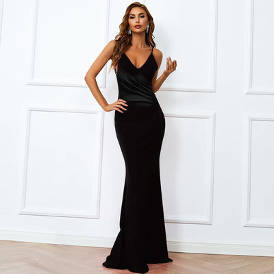 QKEPCY Damen Bodycon Maxikleid Sexy Lounge Slip Langes Kleid Elegant V-Ausschnitt Ärmellos Figurbeto