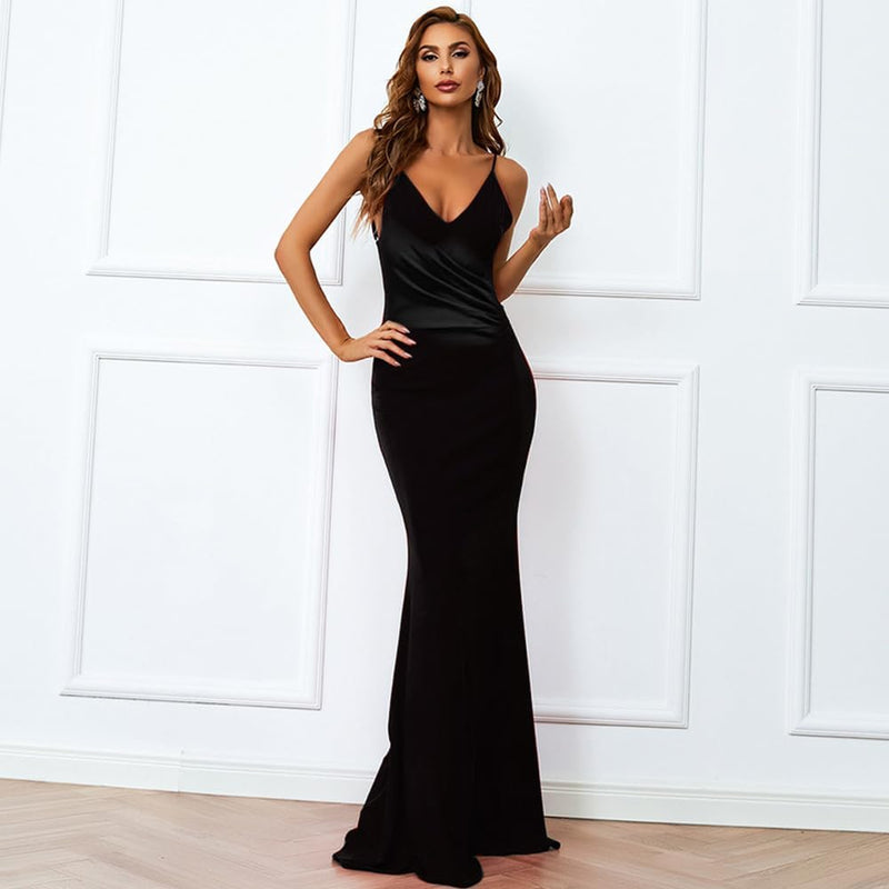 QKEPCY Damen Bodycon Maxikleid Sexy Lounge Slip Langes Kleid Elegant V-Ausschnitt Ärmellos Figurbeto