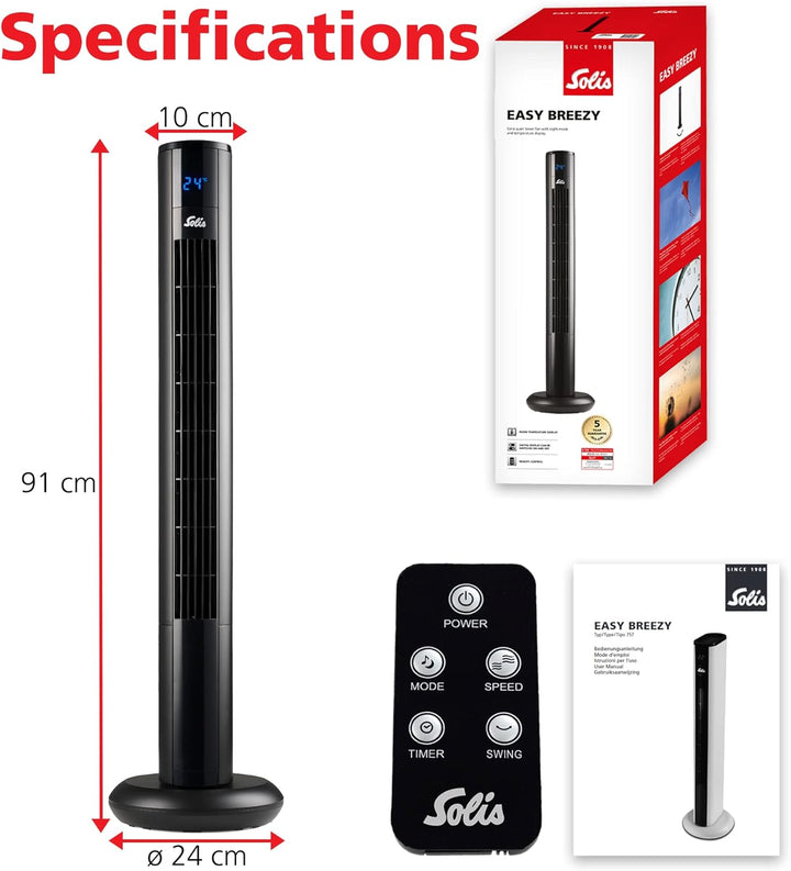 Solis Easy Breezy 757 Ventilator Leise - Turmventilator - Ventilator mit Fernbedienung und Temperatu