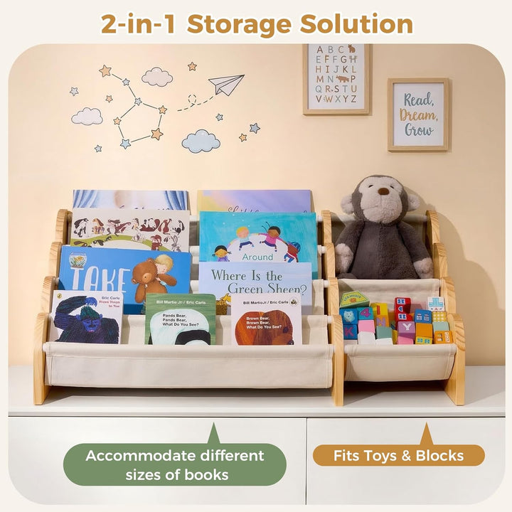 Puricon 4-stufiges Kinderbücherregal mit Spielzeugablage, Montessori-Inspired Frontal-Sling-Buchrega