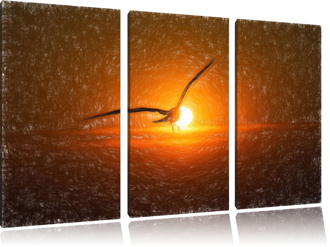 Pixxprint Möwe fliegt in den Sonnenuntergang als Leinwandbild/Grösse: 3 Teilig (120x80) cm/Wandbild/