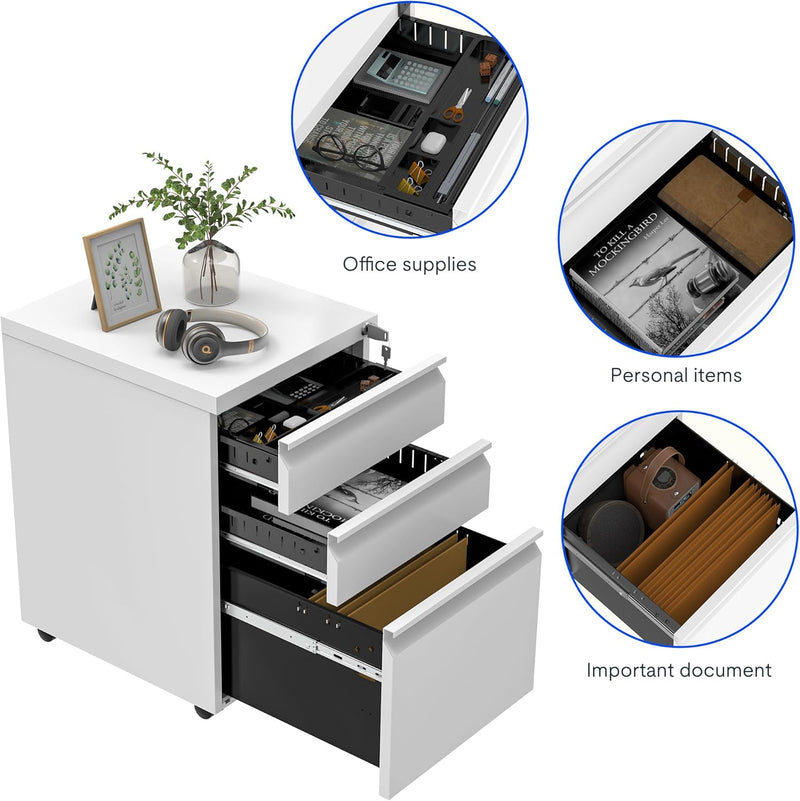 FLEXISPOT Rollcontainer, Metallschrank mit 3 Schubladen, Kommode weiss, Aktenschrank Büroschrank Sch