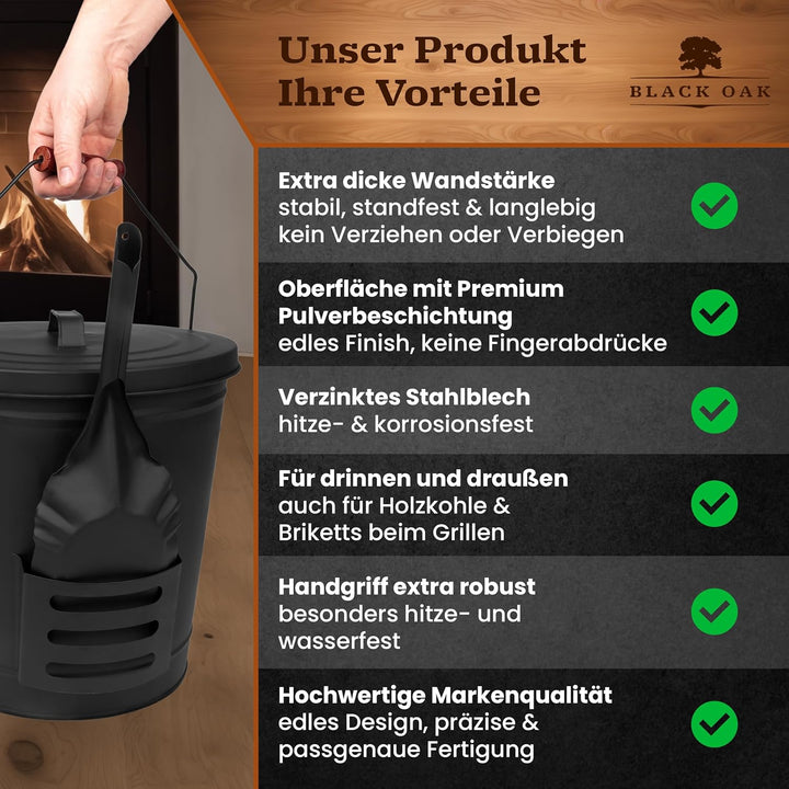 BLACK OAK Ascheeimer Stromboli 20L – schwarz mit Deckel Schaufel & Besen Bügel schwarz gross 20 Lite