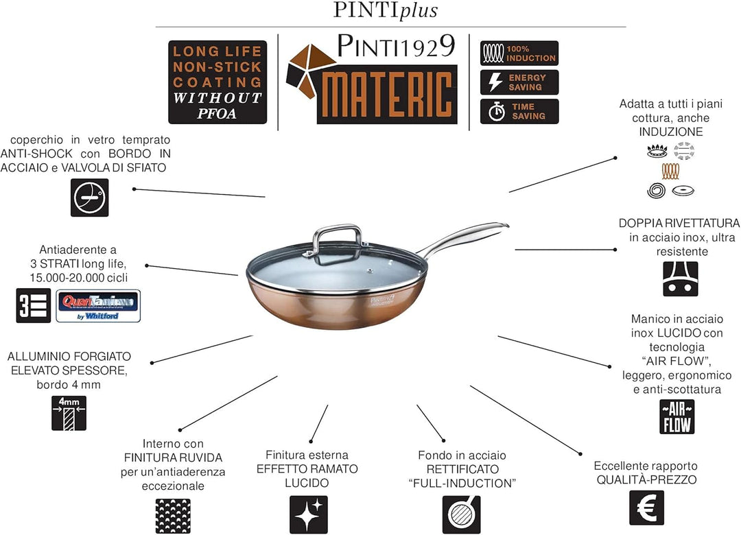 Pintinox Wok Metallic mit Deckel, Aluminium, 28 cm, Antihaftbeschichtung, Induktion