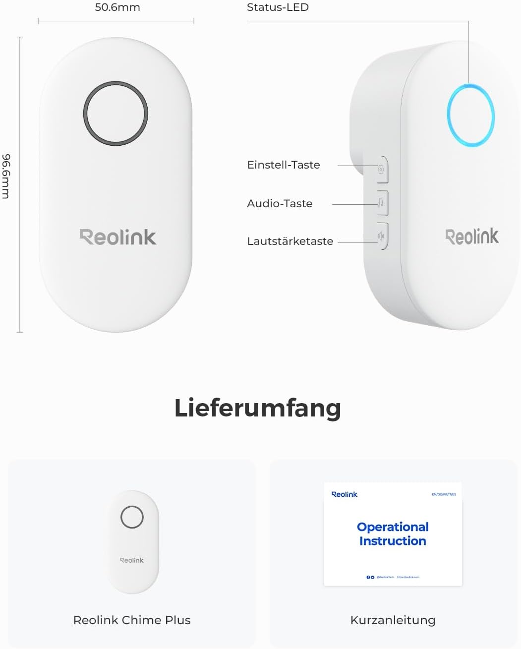 Reolink Chime Plus, NUR Kompatibel mit Video Doorbell WiFi/PoE mit Hardware V2 od. höherer Version,