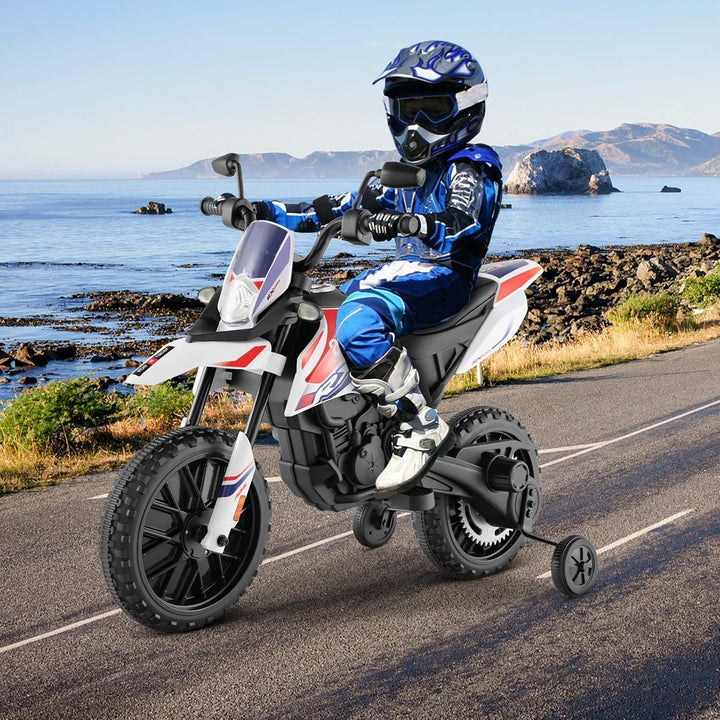 FANTASK 12V Elektromotorrad für Kinder 5,5-6 km/h, Kindermotorrad mit Stützrädern & Musik & Scheinwe