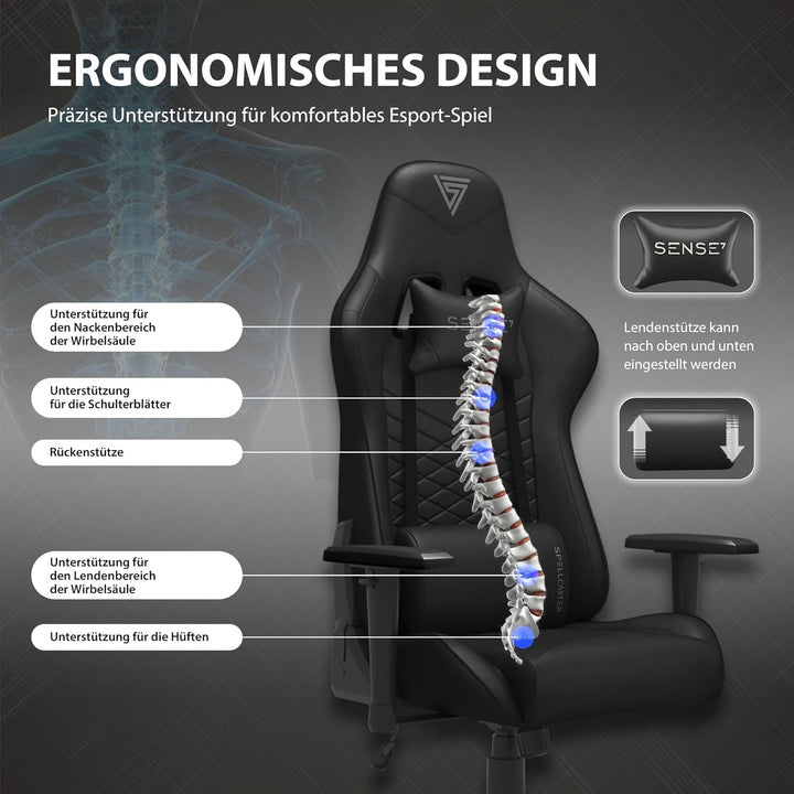 SENSE7 Gaming Stuhl Spellcaster, ergonomischer Gaming Sessel mit verstellbaren Lendenkissen Einstell