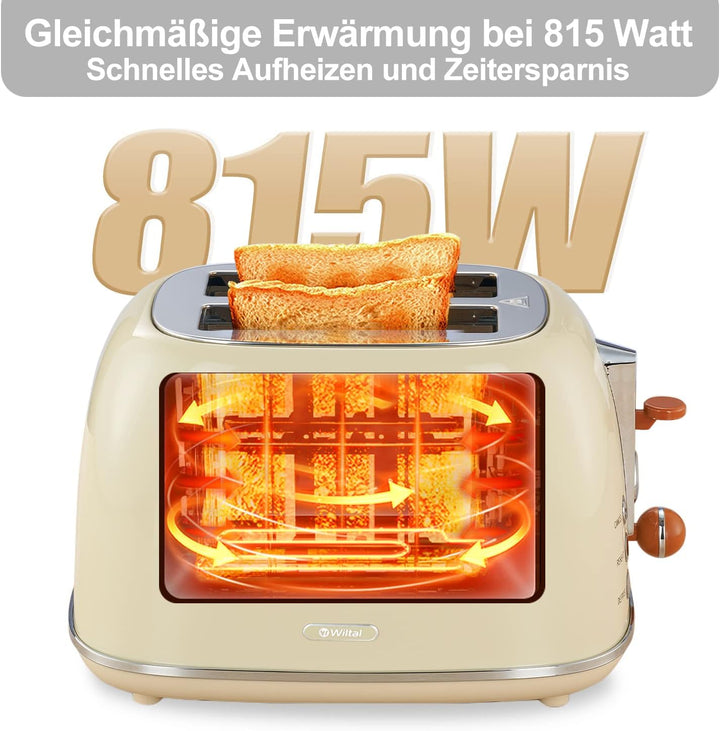 Wiltal Toaster Retro 2 Scheiben, 6 Einstellbare Bräunungstufen, mit hochwertige Brötchenaufsatz, Auf
