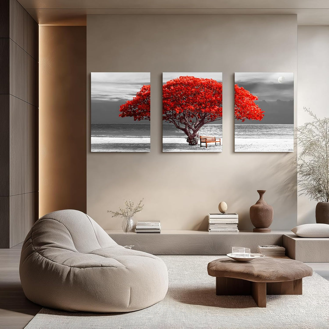 hyidecorart Bilder Baum Rote, Bäume Natur Leinwand Bilder, 3 Teilig Wandbilder Wohnzimmer, Modern Gl