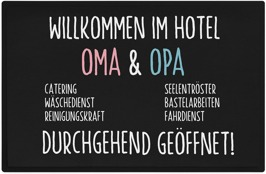 Trendation - Willkommen Hotel Oma und Opa Fussmatte Geschenk Pension 24/7 Geöffnet Fussabtreter Inne
