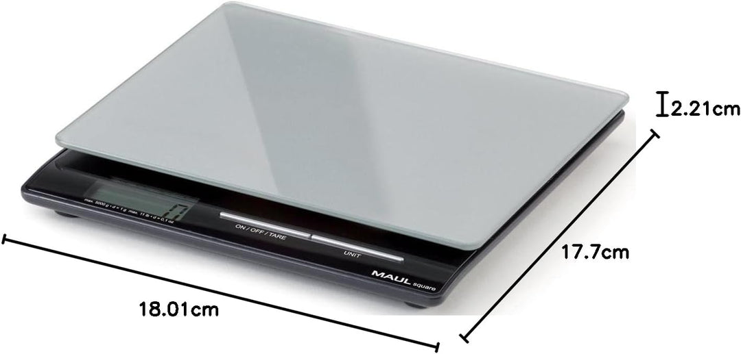 Maul Briefwaage MAULsquare, Küchenwaage Glasoberfläche 18 x 15 cm, Inklusive Batterie, 5000 g, Silbe