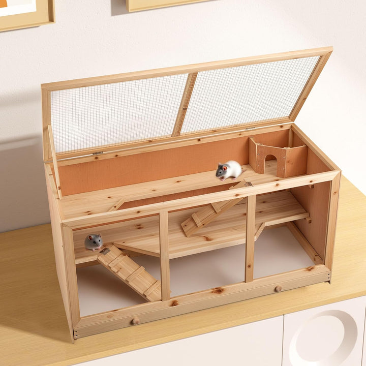 Wiltec XXL 3 Etagen Nagerkäfig, 4-eckig, 1150 x 600 x 580 mm, aus Holz, mit klappbarem Deckel & Sich