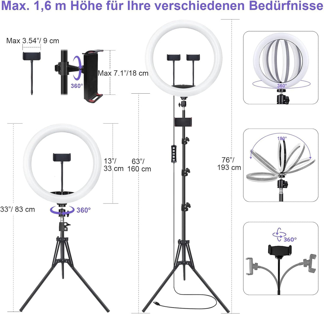 13 Zoll Ringlicht mit Stativ, 1 Tablet-Clip und 2 Handyhalterungen, 3000-6000K,10 Helligkeiten, Musi