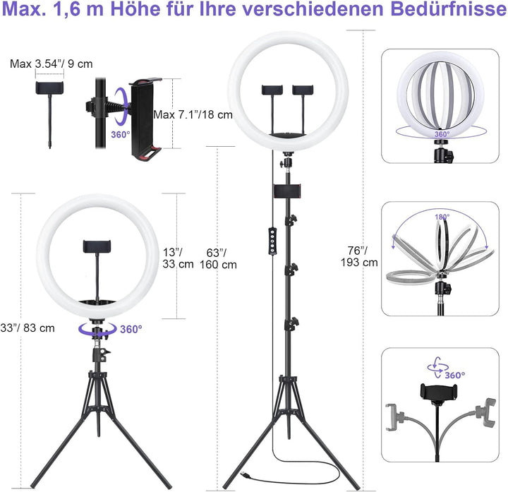 13 Zoll Ringlicht mit Stativ, 1 Tablet-Clip und 2 Handyhalterungen, 3000-6000K,10 Helligkeiten, Musi