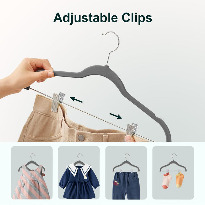 Wellong Baby-Kleiderbügel mit Clips, 14 Stück KinderKleiderbügel aus Samt, Strapazierfähige Kleiderb