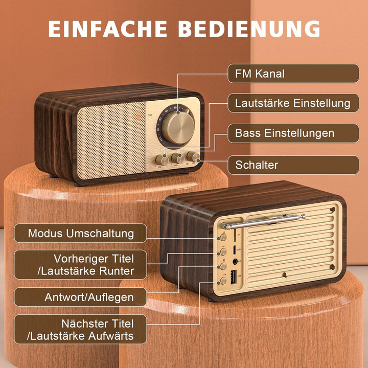 Nostalgie Radio, Retro Radio mit Bluetooth, TF Karten Slot, 2000mAH Wiederaufladbare Batterie, 5 Wat