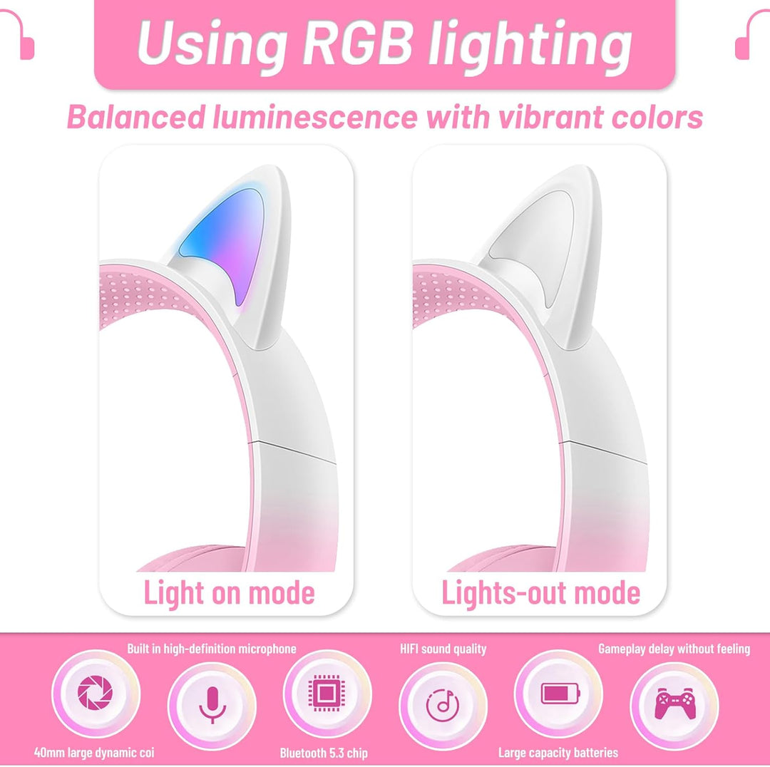 Katzenohr Kopfhörer Kindergeburtstag Geschenke Kind LED Katzenohren Farbgradient Kabellose Bluetooth