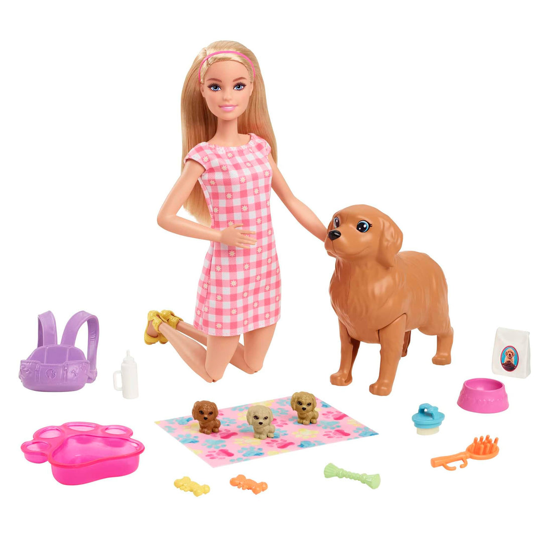 Barbie Newborn Pups Playset, Puppe mit blonden Haaren, Hundeset, inkl. 3 Welpen, 10 Accessoires, Far
