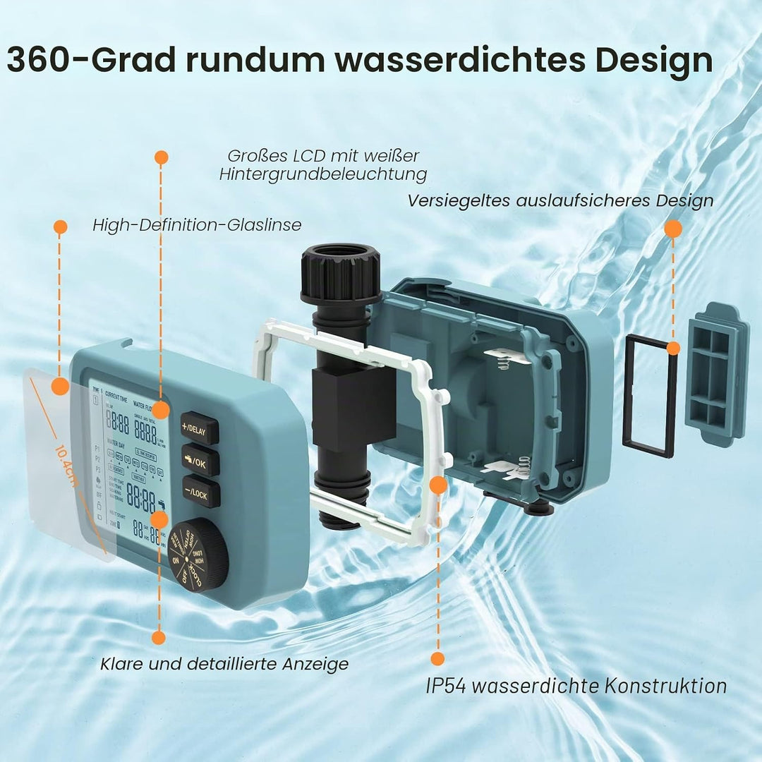 HiOazo Bewässerungssteuerung, mit Wasser durchflussmesser, Programmierbar WasserZeitschaltuhr, 3 Bew