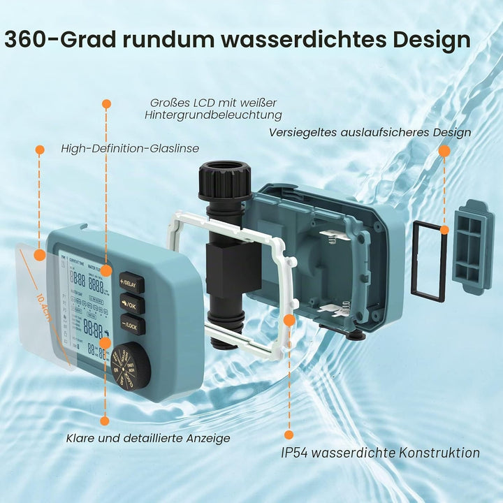 HiOazo Bewässerungssteuerung, mit Wasser durchflussmesser, Programmierbar WasserZeitschaltuhr, 3 Bew