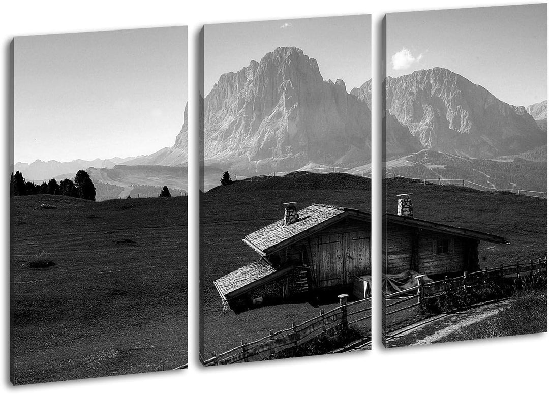 deyoli Holzhütte im Gebirge Format: 3-teilig 120x80 Effekt: Schwarz&Weiss als Leinwandbild, Motiv fe